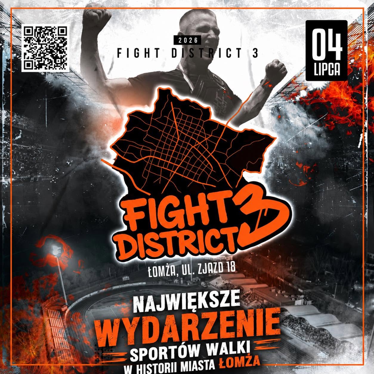 plakat zachęcający do udziału w wydarzeniu Fight Discrict, zdjęcie mężczyzny unoszącego ręce w geście zwycięstwa